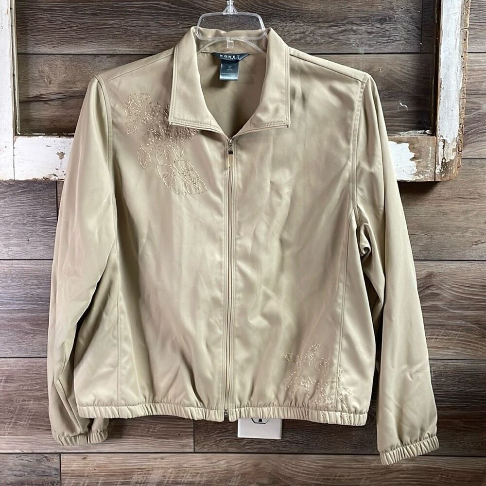 KORET Petite Ladies Lightweight Embroidered Zip Front Jacket Size PXL Khaki